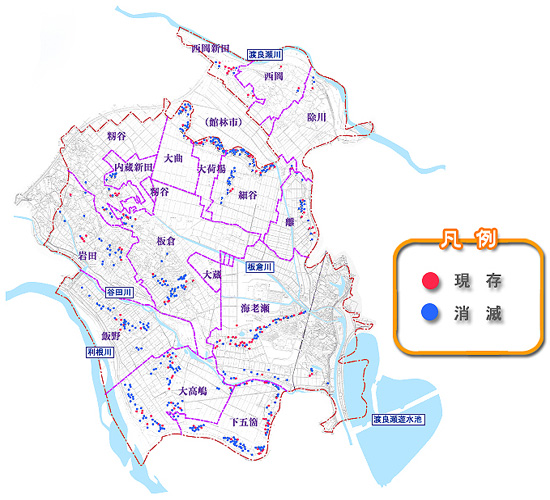 板倉町における水塚の分布図